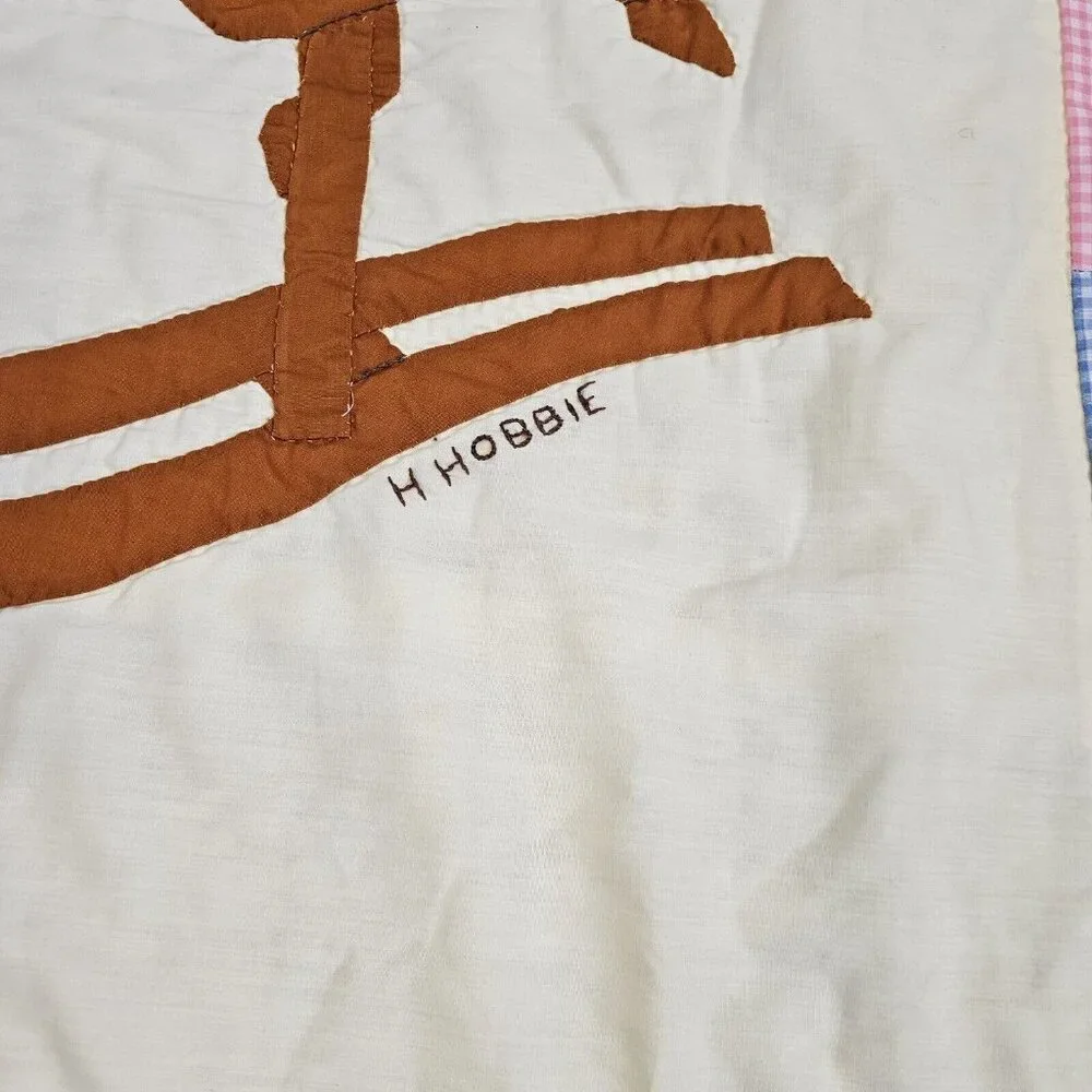 Vintage 70s‎ Homemade Holly Hobbie Quilt Handmade Rocking Horse Patchwork 45x61